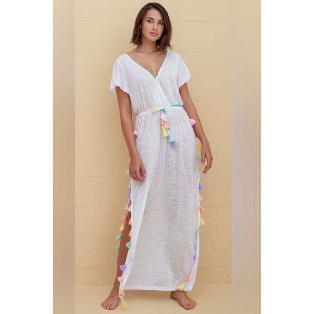 Stephanie Gottlieb x Pitusa White Rainbow Tassel Maxi Dress Petite (Small)